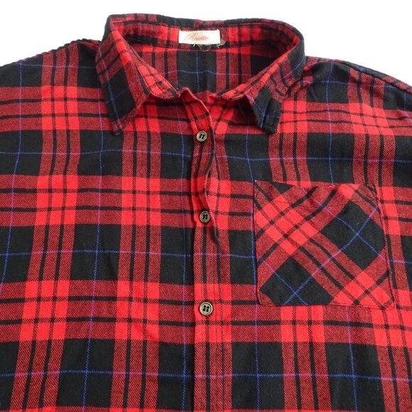 Rosette Red Black Plaid Long Sleeve Button Up Flannel Shirt Women Size L Pockets - Picture 2 of 13